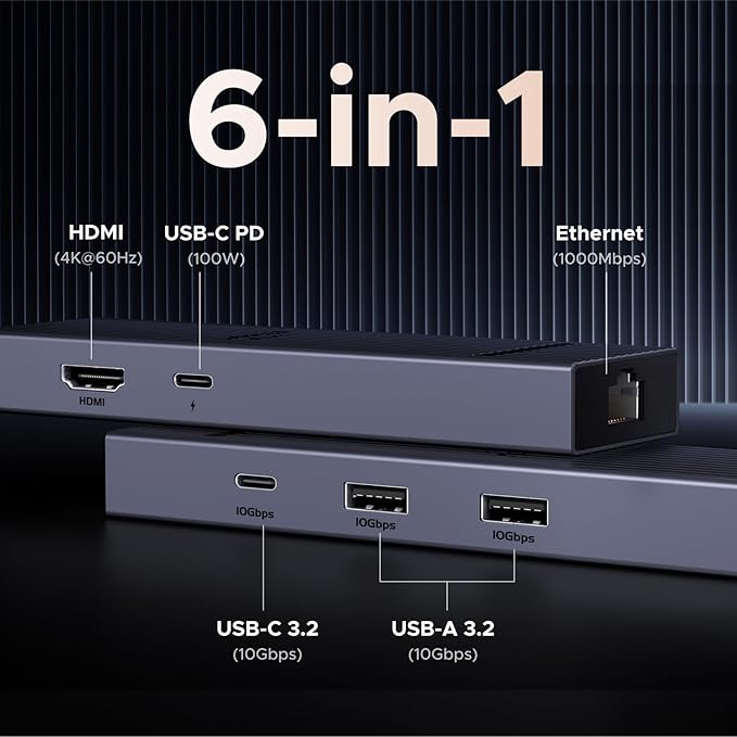 UGREEN Revodok Pro 6 in 1 USB C Hub Gigabit Ethernet Adapter with 4K 60Hz HDMI 100W PD Charging 10Gbps USB A&ampC 3.2 Data Ports Compatible with Mac M1 M2 M3 iPad iPhone 16 Pro/Pro Max Steam D