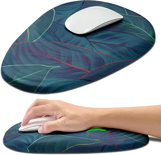 Hokafenle Ergonomic Mouse Pad Wrist Support with Stepped-Wedge Design Wrist Rest Pain Relief Mousepad Filled with Memory Foam Carpal Tunnel Mousepad for Wireless Mouse(12x8 inch Green Leaves)