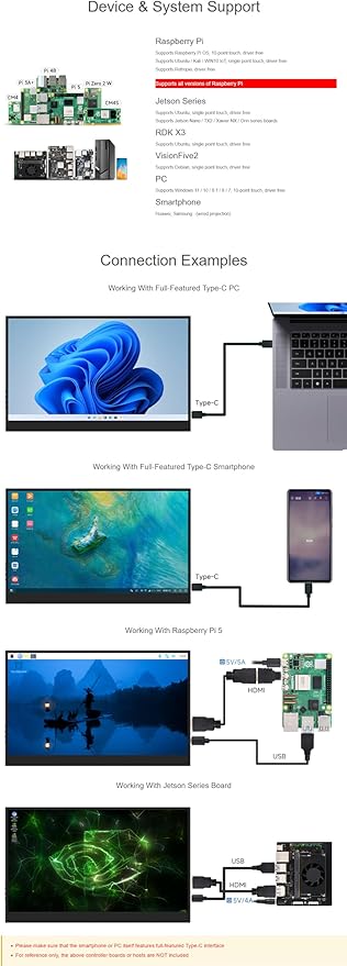 15.6inch Capacitive Touch Monitor for Raspberry Pi 5/4B/3B/Zero/Zero W/Zero 2W/Pico/Pico Supports Windows 11/10/8.1/8/7 Type-C/mini HDMI Interface 15.6inch FHD Monitor (C)