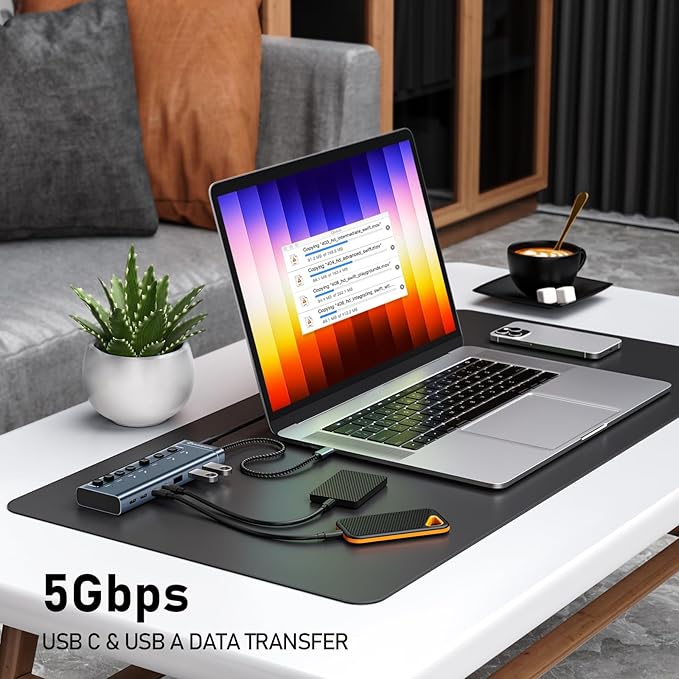 Minisopuru Powered USB Hub7 IN1 Powered USB C Hub with 3 USBA 3.0 Data Ports and 4 USB C Data Smart Charging for iPhone/iPad USB Splitter with Individual On/Off Switches and 12V/3A Power Adapter