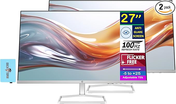 HP Series 5 527sw 27 FHD IPS Monitor with 5ms Response Time Anti-Glare Flicker Free Low Blue Light VGA HDMI &amp Dockztorm USB Port Expander White/Silver Color (94F46AA#ABA) 2 Pack