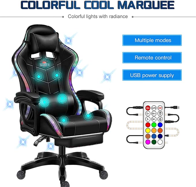 XOOFMASS RGB Gaming Chair with Massage and Footrest Large Ergonomic Computer Desk Chair Video Gaming Chair with Speakers and LED Light Effect 90°-135° Adjustable Reclining Gamer ChairPink
