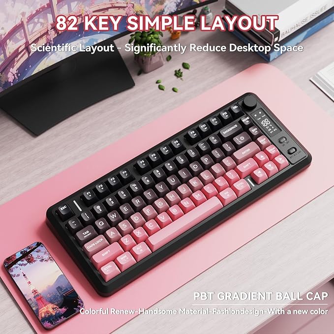 ZIYOU LANG M75 Wireless Gaming Keyboard RGB Backlit Rechargeable 2000mAh Battery Small Membrane But Mechanical Feel Keyboard with Smart Display &amp Knob PBT Gradient keycaps for PC MAC-BlackBerr