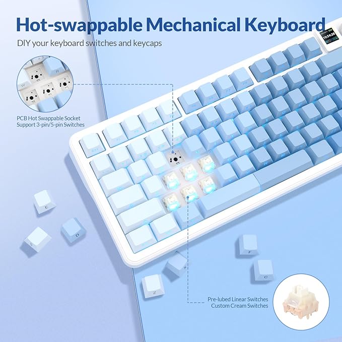 Rii RK805 Wireless Gasket Mechanical Keyboard with TFT Screen and Knob75% Creamy Gaming Keyboard with RGB BacklightTri-Mode BT/2.4G/USB-CHot Swappablefor Windows/Mac/Linux(Blue Gradient)