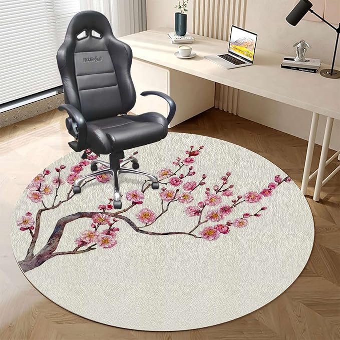 Pink PU Leather Office Chair Mat Hardwood Floor Computer Desk Mat Exotic Cherry Blossom Tree Season Florets Anti-Slip Gaming Chair Mat Round Floor Mat Durable Floor Protector Floral Diameter 39.4 in