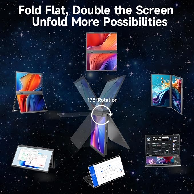Portable Monitor 15.6 Foldable Dual Screen Plug &amp Play for PC/Android/Switch/Xbox/PS5 FHD 1080P HDR Foldable Travel Display with HDMI/USB-C Ideal for Gaming Office &amp Outdoor