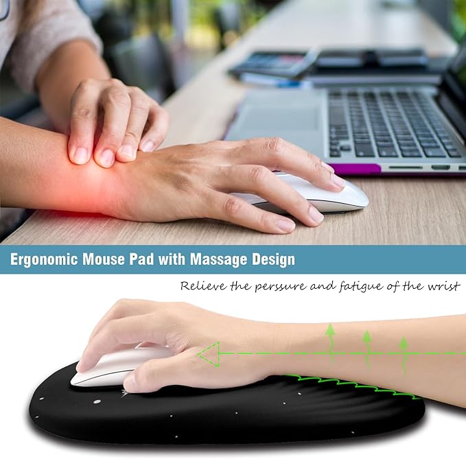Ergonomic Mouse Pad Wrist Support Mouse Pad with Wrist Rest Entire Memory Foam &amp Non-Slip PU Base MousePads with Stepped-Wedge Design for Pain Relief Desk Office Home Black Star