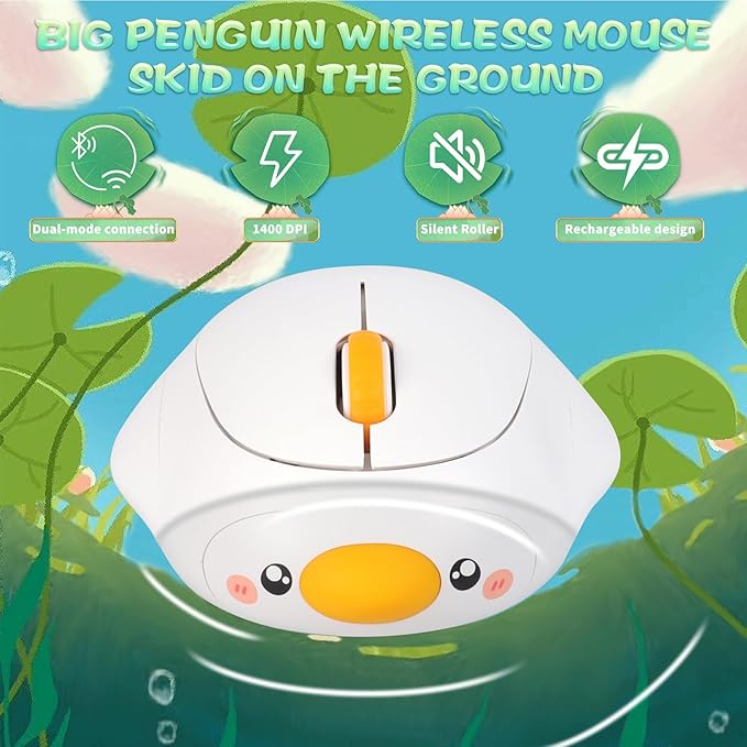 Cute Duck Bluetooth Wireless Mouse -RechargeableDual Mode Connection Silent Scroll Wheel 1600 DPI - Perfect for Laptops PCs and Tablets (White)