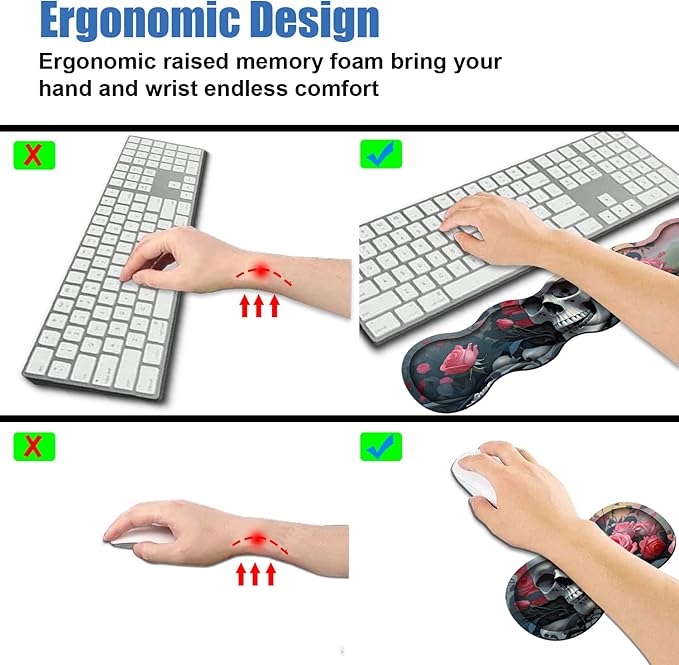 4 in 1 Ergonomic Memory Foam Mouse Pad Wrist Rest Set Large XXL Gaming Desk Pad + Keyboard Wrist Rest + Mouse Wrist Cushion + Coaster for Home Office Study Gaming Skull Roses