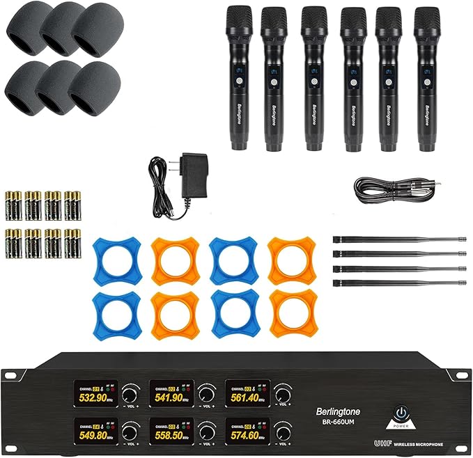 Professional 6-Channel UHF Wireless Microphone System Cordless Metal Handheld Dynamic Mics Perfect for Karaoke Church Singing DJ 262ft Range (BR-660UM)