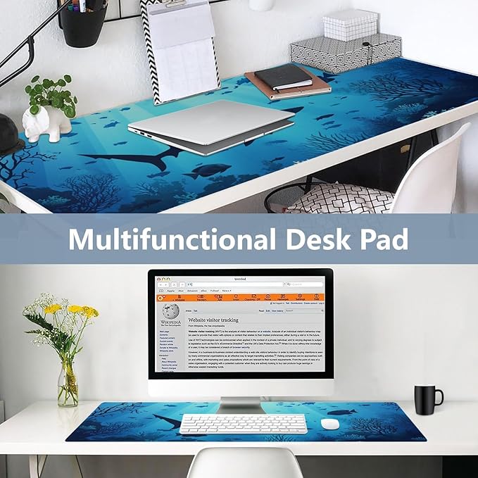 Mouse Pad Desk Mat Leather Desk Pad Large Gaming Desk Cover Protector Mat for Keyboard Computer Laptop Office Waterproof 47.2 x 23.6 Inch Sharks Coral Reef Tropical Blue