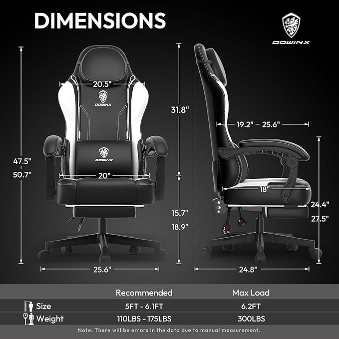 Dowinx Gaming Chair with Pocket Spring Cushion for Adults Ergonomic Computer Chair with Footrest and Massage Lumbar Support High Back Leather Game Chair for Office Gaming 300LBS White