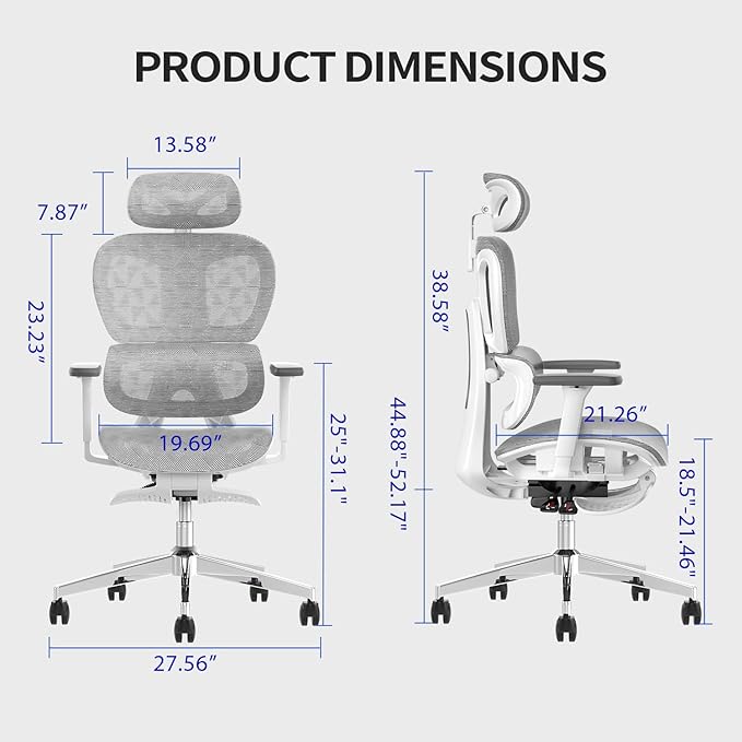 PatioMage Ergonomic Office Chair Big and Tall Desk Chair with Adjustable Lumbar Support &amp Seat Depth High Back Computer Chair Swivel Mesh Chairs with Wheels for Home Office White