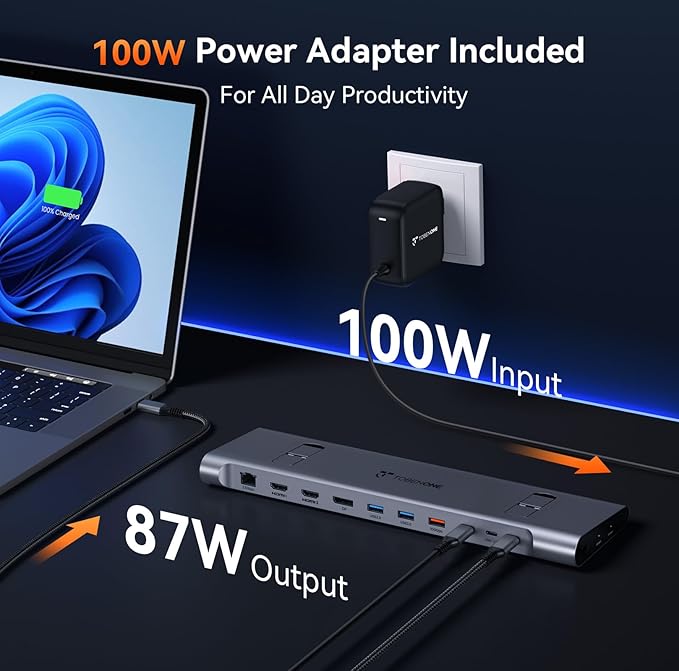 TobenONE 16-in-1 USB-C Docking Station 3 Monitors &amp Dual Monitor2 HDMI+DP+6 USB Ports for Office &amp Home UseCapable of 100W Power Supply &amp 2.5Gbps Ethernet Used with Dell/HP/Lenovo
