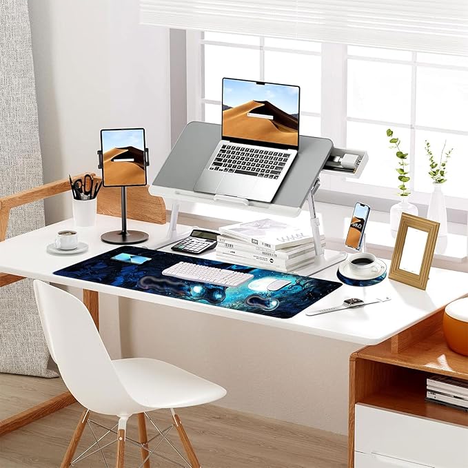 Keyboard Mouse Pad Set Extended Gaming Mouse Pad+Ergonomics Keyboard Wrist Rest Support Memory Foam Easy Typing Pain Relief 4Pcs XL Ultra Thick Desk MatBlue Moon Wolf Fantasy