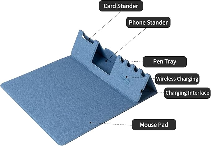 Mouse Pad with Phone Holder &amp Pen Holders Wireless Charging Desk Mat Mousepad Home Office Desk Pad with Ultra-Smooth Surface Non-Slip Base Waterproof Keyboard Pad Classic Blue Desk Mat