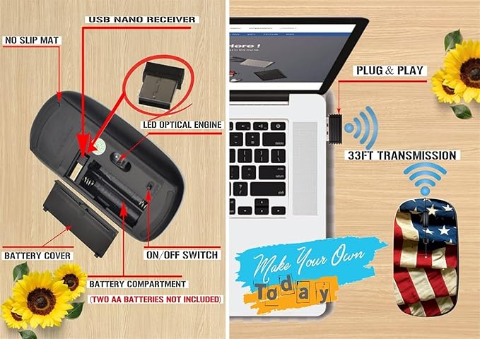 maizi Small Wireless Mouse for Personal Computer Laptop MacBook Small Wireless Mice Image ID: 608955 US Flag 48 States Flag Travel Mouse 2.4G USB Receiver Printed in USA
