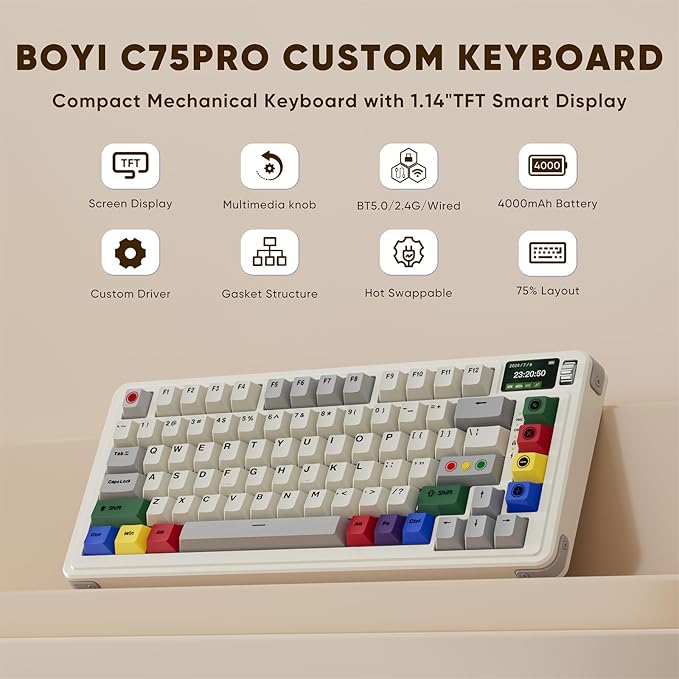 X BOYI C75Pro Retro Gaming Keyboard75&amp Hot Swap Gasket-Mounted Wireless Bluetooth 5.0/2.4G Type-C Wired Custom RGB TKL Mechanical Keyboard with Screen&ampKnob for PC/Mac Gamer