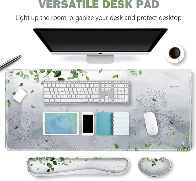 ARTSO Gaming Mouse Pad Wrist Support Set XXL Large Desk Mat Mousepad + Keyboard Wrist Support+ Mouse Wrist Rest+Coaster 4in1 Ergonomic Memory Foam -Green Leaves and Line Flower