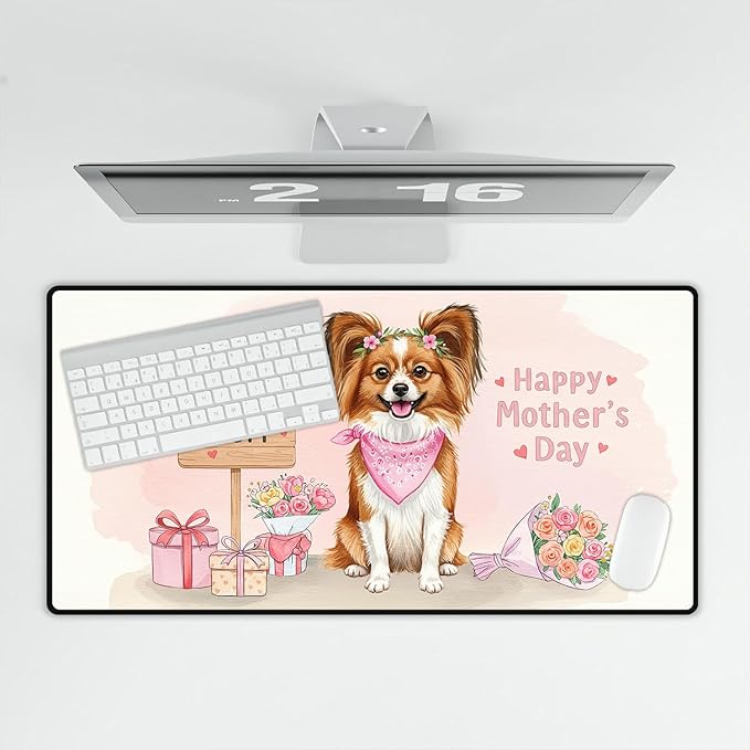Happy Mother's Day Papillon Love Dog Mom Heart Flower Desk Mat Full Keyboard Mouse Pad Pap Butterfly Dog Lover Large Mousepad 12004