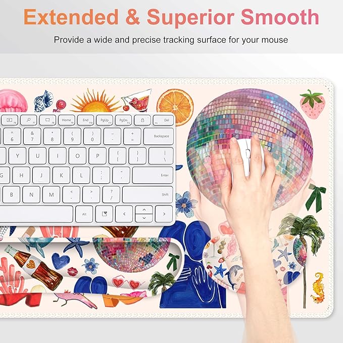 Large Gaming Mouse Pad Set 4 in 1 Ergonomics Keyboard Desk Mat with Memory Foam Wrist Rest Computer Extended Game Mousepad Non-Slip Desk Matt Easy Typing Pain Relief I Colorful Stickers