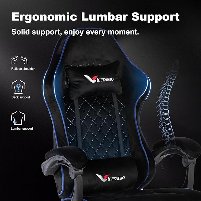 Velvet Gaming Chair for Adults with Pocket Spring Cushion SeatSoft Gaming Chair Fabric with Extendable Footrest Swivel Recliner with Ergonomic Lumbar Support and Headrest for Home/Office(Blue)