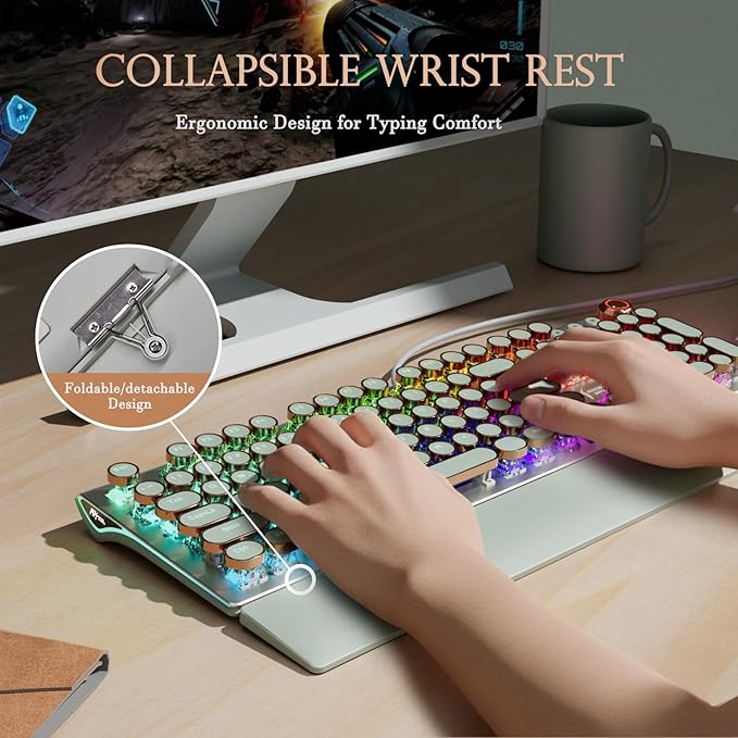 RK ROYAL KLUDGE X108 Typewriter Style Mechanical Keyboard Wired Gaming Keyboard 108 Keys RGB Backlit Sidelight Detachable Wrist Rest Volume Knob Retro Round Keycaps Blue Switches - Green