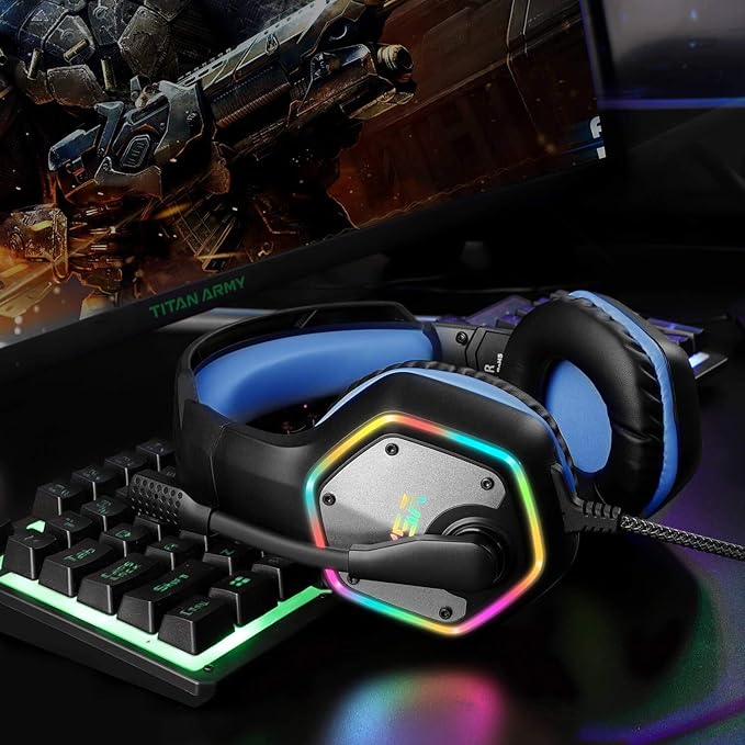 EKSA E1000 Gaming Headset Computer Headphones with Noise Canceling Mic &amp RGB Light 7.1 Surround Sound Compatible with PC PS4 PS5 Console Laptop (Blue)