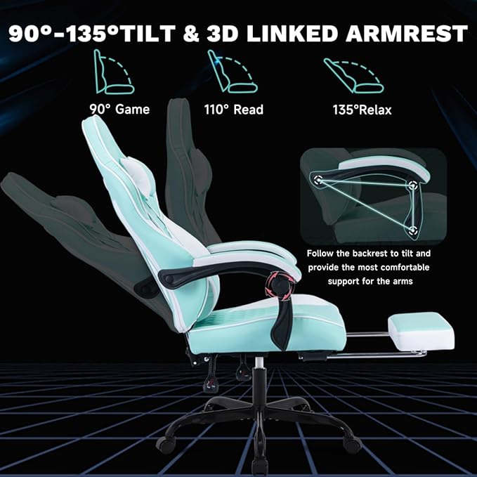 Ergonomic Video Gamer ChairsComputer Gaming Chairs with Massage Lumbar Support and footrestRacing Style Computer Chair Adjustable Headrest for Adults (Green)