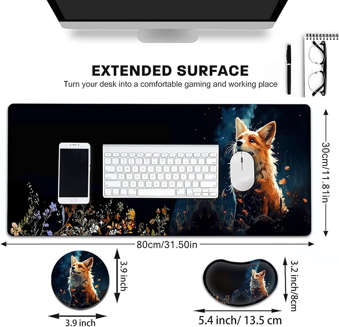 Large Mouse Pad with Mouse Wrist Rest 31.5x11.8 in Extended Mouse Mat with Non-Slip PU Base Ergonomic Memory Foam Wrist Rest for Work &amp Gaming Writing Pad Cute Red Fox Animal Office Desk Pad