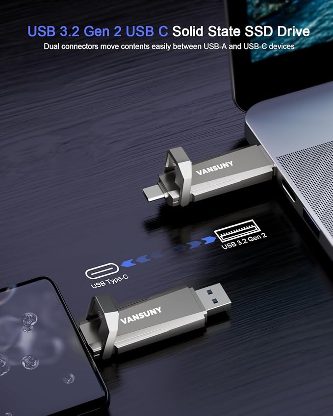 Vansuny 512GB USB Solid State Drive Up to 1000MB/s 3.2 Gen 2 Dual SSD USB A + Type C Portable External SSD for Android Phone Tablet Laptop MacBook PC