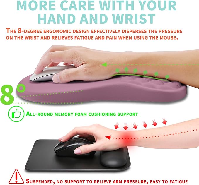 Ergonomic Mouse Pad Wrist Support with Memory Foam Massage Bulge Carpal Tunnel Pain Relief Mousepad Wrist Rest for Mouse(12x8 inch Dark Pink)