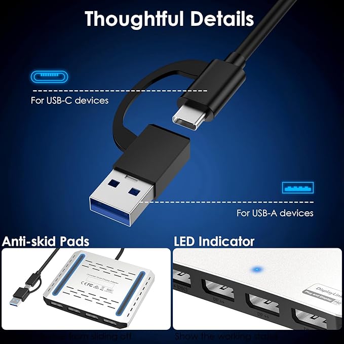 WAVLINK USB 3.0 or USB C to Quad Displayport Splitter Extended Display for Four Monitor with 85W PD Displaylink Adapter 4 DP 4K@120Hz for Apple Mac M1/M2/M3/M4 or Windows 10/11 USB A/C to DP 4K