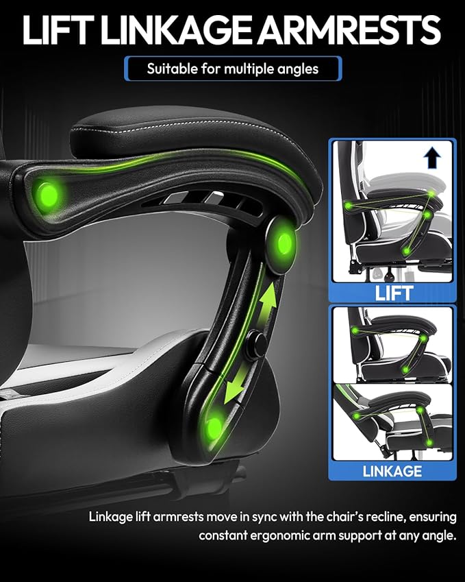 Dowinx Ergonomic Gaming Chair with Footrest Heavy Duty 330lbs Office Chair Massage Lumbar Support Adjustable Height &amp Headrest Pillow Comfortable for Back Pain Relief Streaming Long Gaming Whi