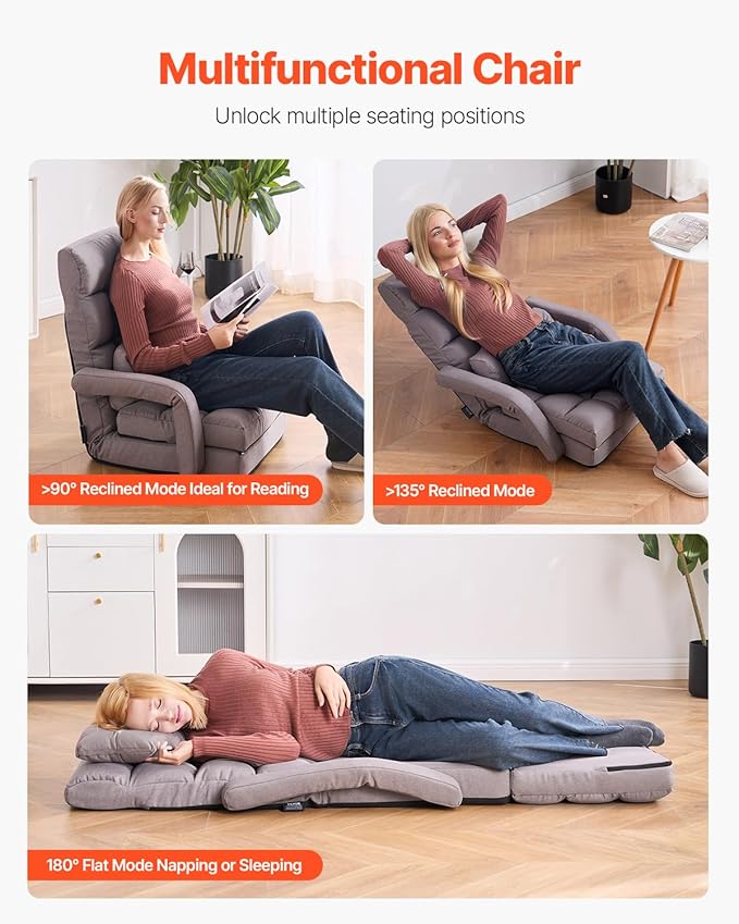 VEVOR Floor Chair Floor Gaming Chair with 5 Adjustable Position and Back Support Folding Sofa Chair with Armrest for Adults Sofa Lounger Bed with Back Cushion for Living Room and Bedroom Gray
