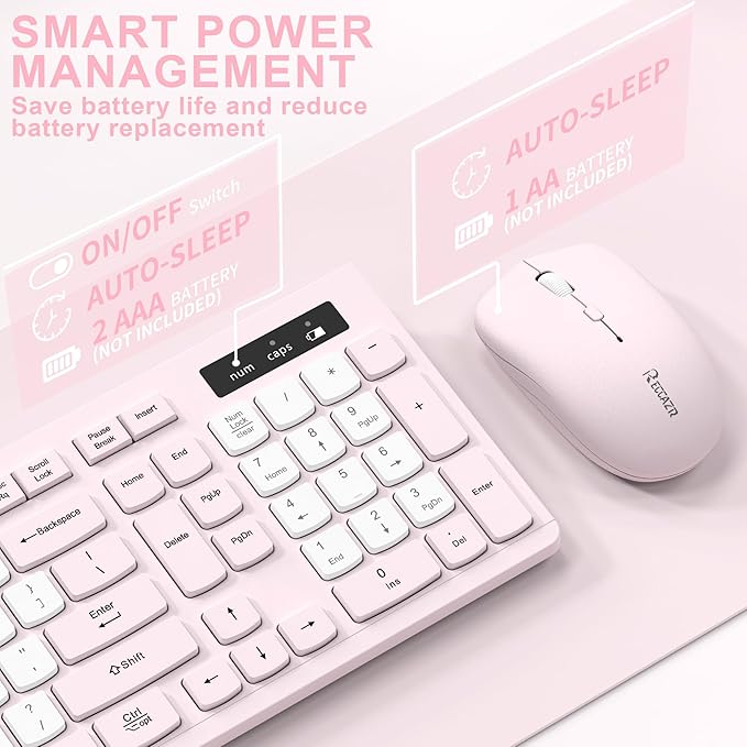 Wireless Keyboard and Mouse Combo Full-Sized Quiet Wireless Keyboard and Adjustable DPI Mouse 2.4GHz USB Receiver Keyboard and Mouse for PC Windows Desktop Laptop (Pink and White-B)