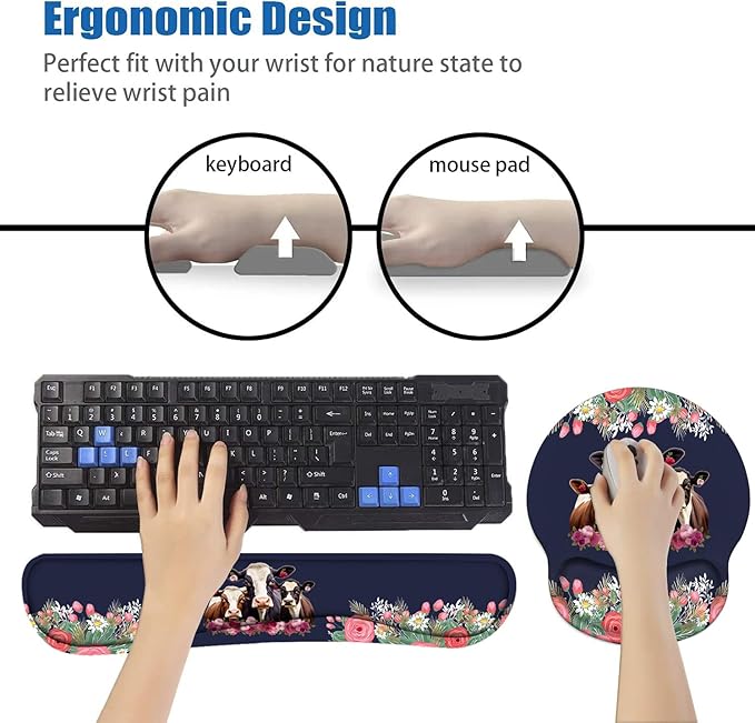 Keyboard Wrist Rest and Mouse Pad Wrist Support Set Non-Slip PU Base Ergonomic Gaming Mousepad for Home Office Working Studying Easy Typing &amp Pain Relief - Floral Quote Funny Cows Combination