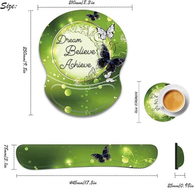 Ergonomic Gel Mouse Wrist Rest Pad and Keyboard Set Anti-Slip PU Bottom Easy Typing Relieve Pain with Cute Coaster Set (3-Butterfly Inspirational Quote Dream Believe Achieve)