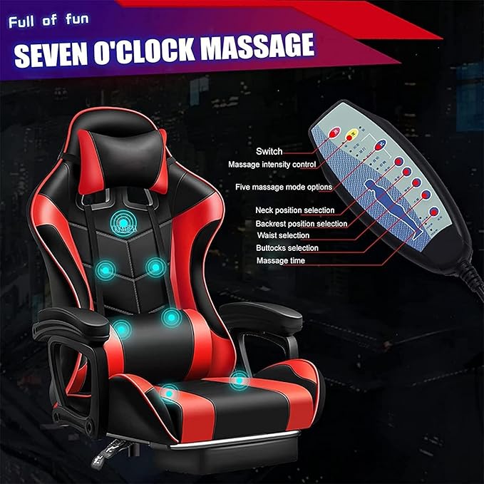 Massaging Gaming Chair with Footrest and Lumbar Support Gaming Chair with RGB Lights and Speakers Ergonomic Office Chair Adjustable Linkage Armrests. Gaming Chair for Adults.Black