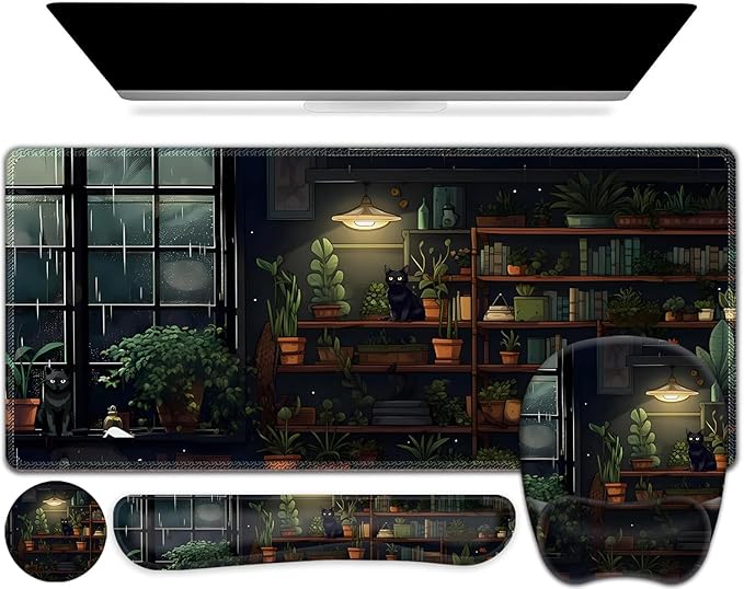 Aesthetic Green Plant Books Mouse Pad with Wrist Support 4 in1 Set XXL Big Game Mousepad + Keyboard Wrist Rest + Mouse Wrist Rest Pad +Coaster Gaming Mat for Work Study I Japanese Anime Lofi Cat