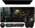 Aesthetic Green Plant Books Mouse Pad with Wrist Support 4 in1 Set XXL Big Game Mousepad + Keyboard Wrist Rest + Mouse Wrist Rest Pad +Coaster Gaming Mat for Work Study I Japanese Anime Lofi Cat
