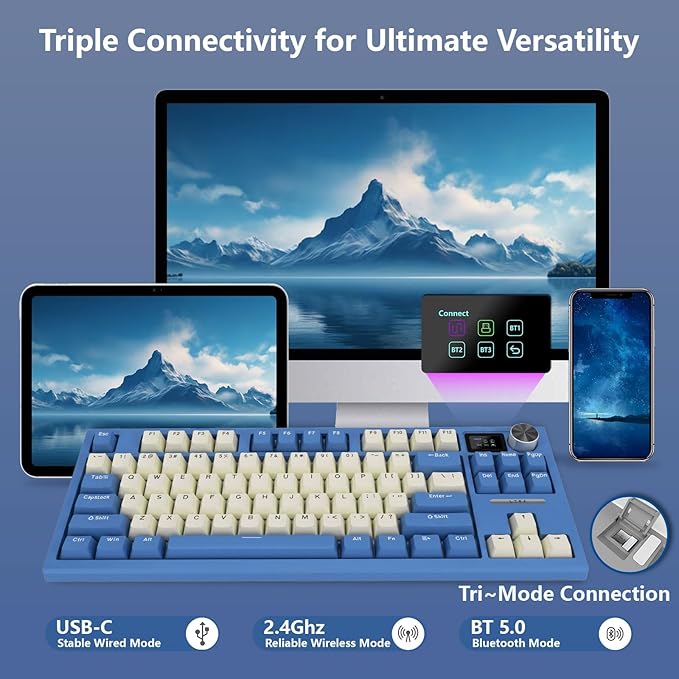 LT84 Wireless Mechanical Keyboard Hot Swappable Gaming Keyboard with TFT Smart Display&ampKnob Tri-Mode Bluetooth 5.0/2.4GHz/Type-C Wired Custom Keyboard Sea Air Switch(White-Blue)