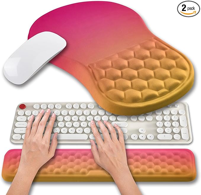 Hokafenle 2 in 1 Ergonomic Mouse Pad Wrist Support &amp Wrist Rest for Computer Keyboard Set with Relieve Carpal Tunnel Pain Massage Bulge and Full Memory Gel Design (2In1 Set Sunset Glow)