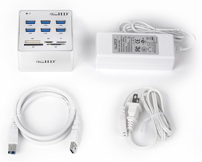 ViewHD Premium Quality USB 3.0 6-Port Hub with Card Reader &amp On/Off Switch + 12V 4A Power Adapter + USB Cable in Full Metal Case (Silver) | VHD-U3P6S