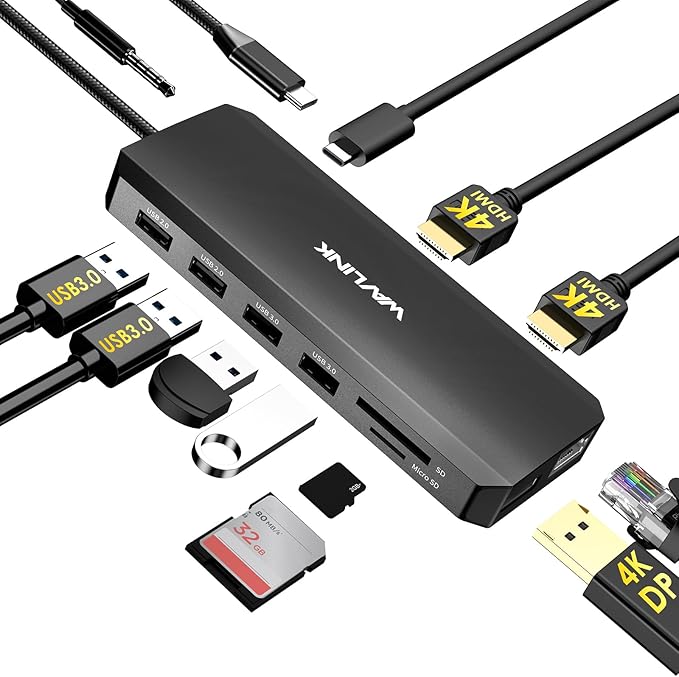 WAVLINK 12-in-1 USB C Docking Station Dual 4K HDMI DisplayPort Hub with 100W PD Ethernet RJ45 USB 3.0 USB 2.0 SD/TF Card Reader 3.5mm Audio Jack Multiport Laptop Adapter