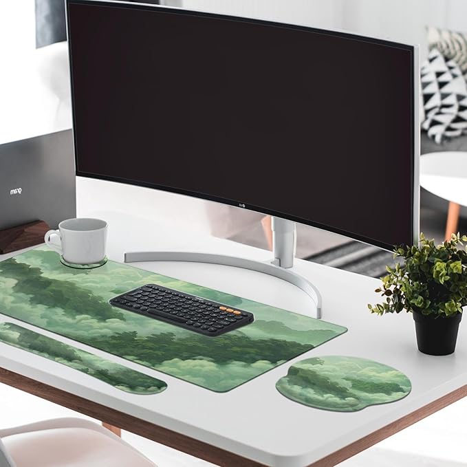 Britimes Green Cloud Keyboard Mouse Pad Set Forest Mountain Aesthetic 4in1 Large Mousepad+Keyboard Wrist Rest+Mouse Wrist Rest+Coaster Ergonomic Design for Home Office Computer 35.4x15.7 inches