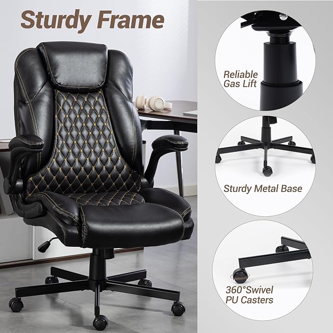 Big and Tall Heavy Duty Office Chair with Flip Up Arms – 450LBS Ergonomic Executive Home Desk Chair w/Wide Seat High Back PU Leather Adjustable Height &amp Rocking Function Black