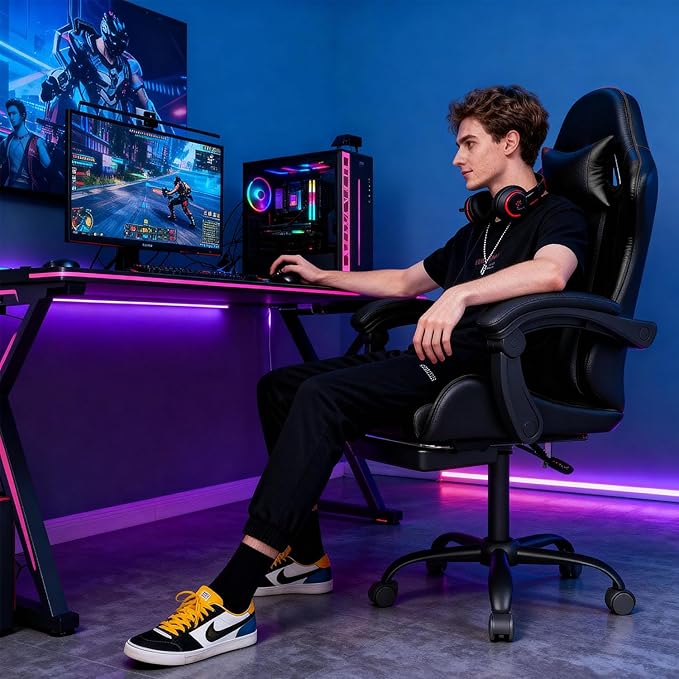 Gaming Chair with Headrest and Lumbar Support Ergonomic High Back Office Chair Racing Style Executive Computer Desk Chair Leather Adjustable Swivel Task Chair for Home Office (Black)