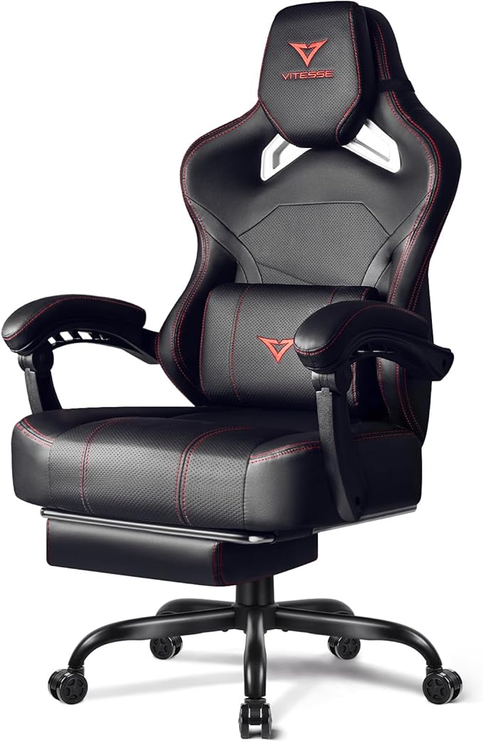 VITESSE Big and Tall Gaming Chair 400lb Weight Capacity with Footrest Ergonomic Video Game Chair for Adults with Oversized Headrest and Lumbar Pillow Computer Chair Gaming for Office (Black+Red)