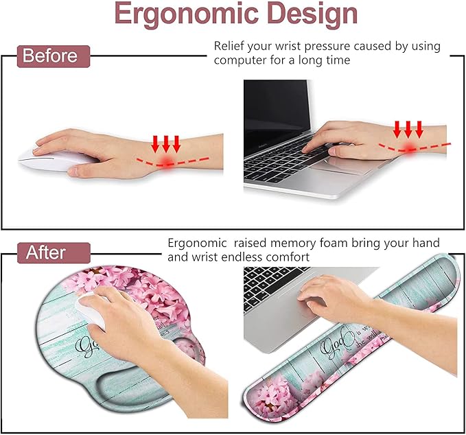 Mouse Pad with Wrist Support Ergonomic Gel Mouse Pad Beautiful FlowersPink Hyacinths on Wood PanelNon-Slip Durable Memory Foam Keyboard Wrist Rest Suitable for Office Typing Games